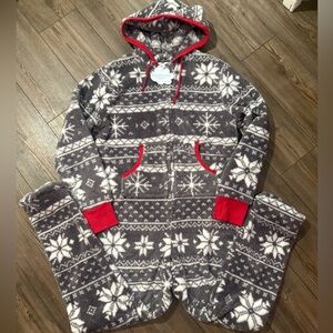 Pajamagram Hoodie-Footie Fair Isle Fleece One-Piece Pajamas Women’s Large Gray